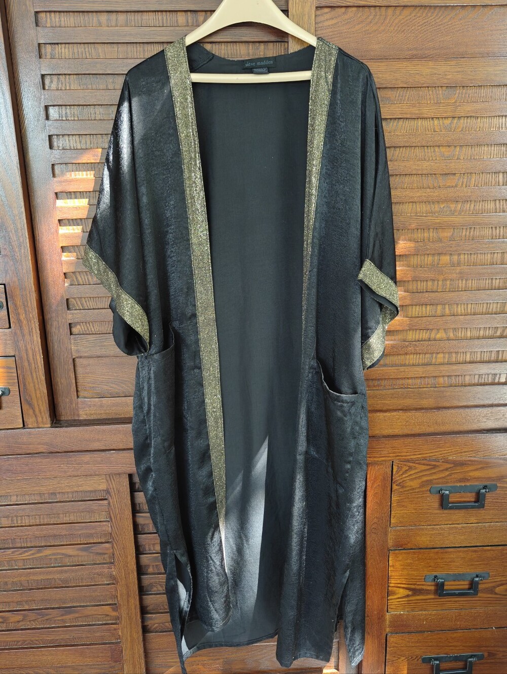 Steve Madden Black Satin Duster with Metallic Gold Trim — One Size